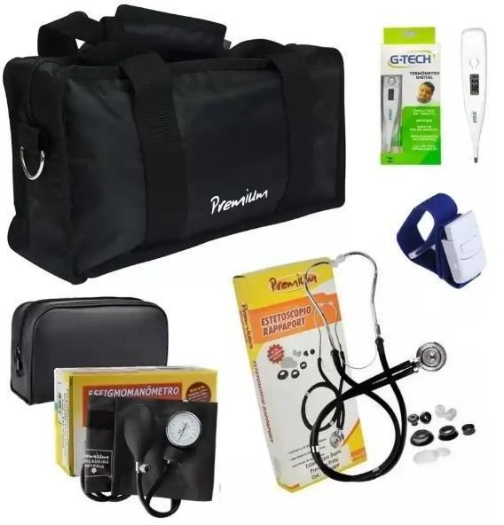Kit acadêmico c/ estetoscópio, esfigmomanômetro, garrote e termômetro preto PREMIUM